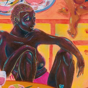 May include: A painting of a person sitting at a table with a glass of wine. The person is nude and has dark skin. The painting is done in a colorful style with bright colors and bold lines.