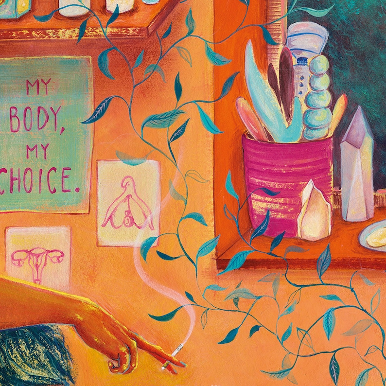 May include: A painting depicting a room with a shelf, a window, and a hand holding a cigarette. The shelf features a sign reading "My Body, My Choice." The window has a potted plant and a crystal. The hand is holding a cigarette with smoke rising from it.