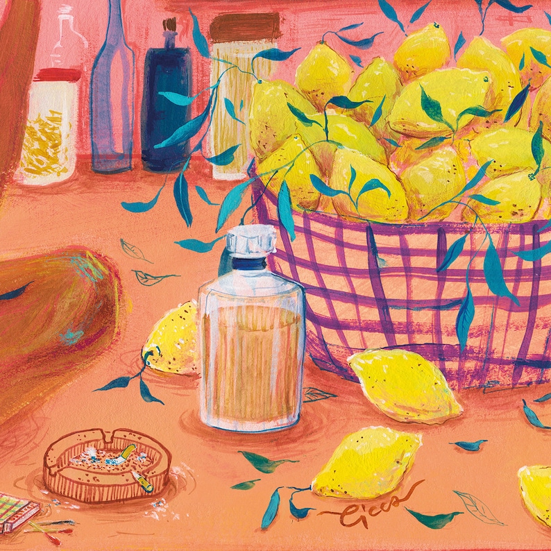 May include: A still life painting of lemons in a wicker basket, a bottle of clear liquid, and an ashtray with a cigarette. The background is a peach color.