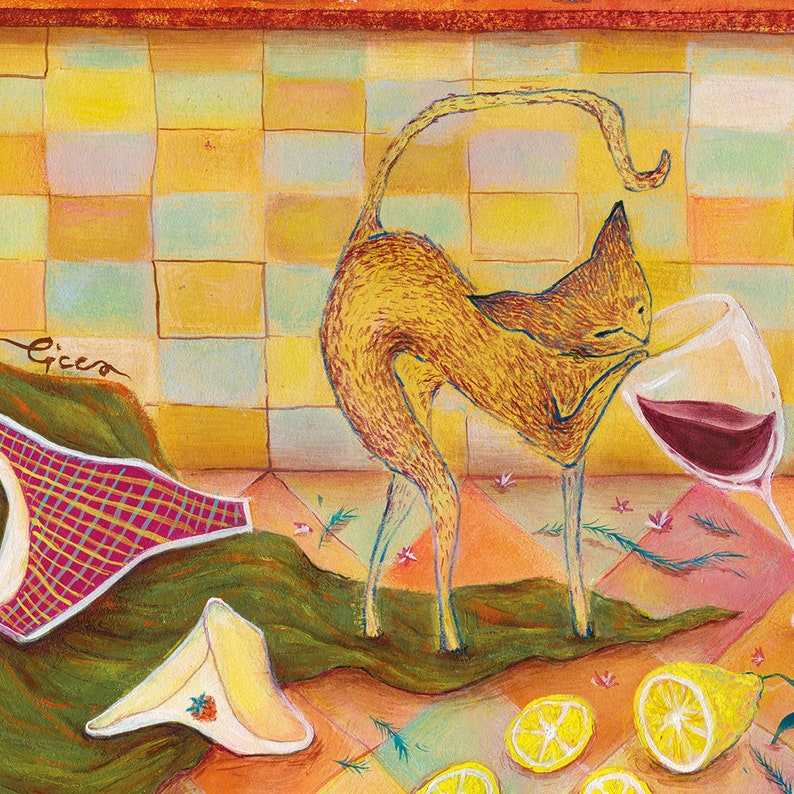 May include: A painting of a cat with a glass of red wine. The cat is orange and white and is standing on its hind legs. The glass of wine is on a table with a chequered tablecloth. The painting is signed "Gicco".