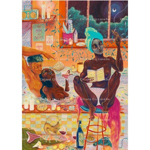 May include: A painting depicting two individuals in a bathroom setting. The person on the left is in a bathtub, while the person on the right is seated on a stool. The person on the right is reading a book and holding a cigarette. The painting is executed in a colourful style with a high level of detail.
