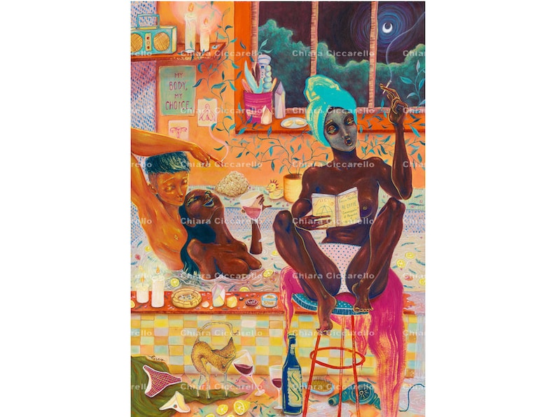 May include: A painting depicting two individuals in a bathroom setting. The person on the left is in a bathtub, while the person on the right is seated on a stool. The person on the right is reading a book and holding a cigarette. The painting is executed in a colourful style with a high level of detail.