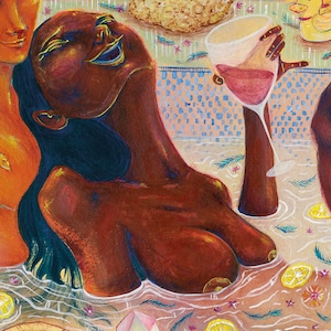 May include: A painting depicting a person in a bathtub, holding a glass of wine. The person is smiling and has long dark hair. The bathtub is filled with water and there are flowers and lemons floating in the water.