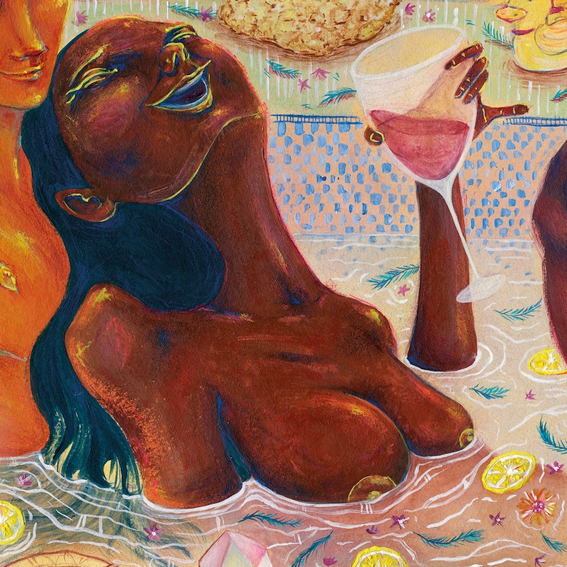 May include: A painting depicting a person in a bathtub, holding a glass of wine. The person is smiling and has long dark hair. The bathtub is filled with water and there are flowers and lemons floating in the water.