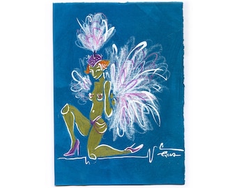 Dancing Peacock – Original Queer Feminist Art – Playful Cabaret – A5 Mixed Media Drawing