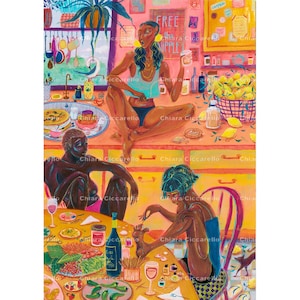 May include: A colorful painting of three people in a kitchen. The person in the foreground is giving a pedicure to another person. The person in the background is sitting on a counter with a glass of wine. The painting is full of bright colors and details, including lemons, wine bottles, and a bowl of fruit.