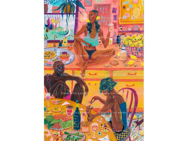 May include: A colorful painting of three people in a kitchen. The person in the foreground is giving a pedicure to another person. The person in the background is sitting on a counter with a glass of wine. The painting is full of bright colors and details, including lemons, wine bottles, and a bowl of fruit.
