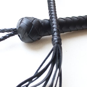 May include: A black leather bullwhip with a braided handle and a long, braided tail.
