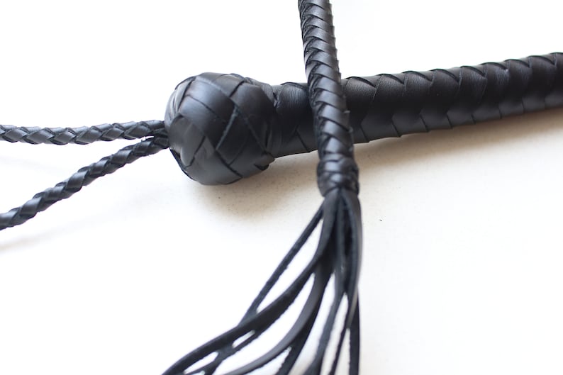 May include: A black leather bullwhip with a braided handle and a long, braided tail.