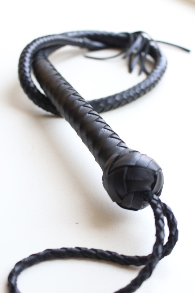 May include: A black leather bullwhip with a braided handle and a long, braided tail.