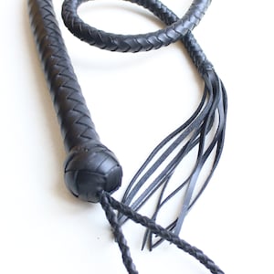 May include: A black leather whip with a braided handle and a long tassel. The whip is coiled and ready to be used.