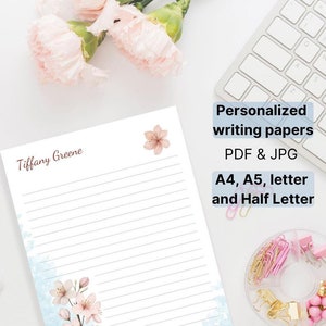 Membrete floral personalizado, bloc de notas con nombre personalizado, papelería de acuarela personalizada, papelería con letras rayadas personalizada, papel de notas digital