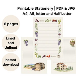 Set di carta da lettere digitale Toscana, set di cancelleria con atmosfera italiana, kit per corrispondenza con estetica country, diario per prendere appunti, prendere appunti