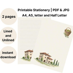 Papel de carta com estilo italiano, anotações digitais, artigos de papelaria com pautas e sem pautas, para cartas, anotações e diários, com estética campestre para impressão