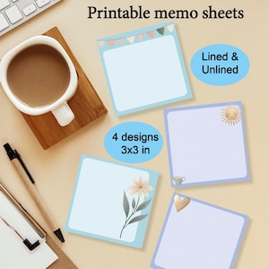 Może przedstawiać: Cztery drukowane karteczki do notatek, każda o wymiarach 7,62 x 7,62 cm, z różnymi wzorami. Wzory obejmują słońce, kwiat, serce i girlandę flag. Karteczki są w linie i bez linii.