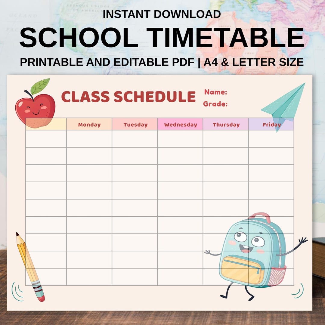 Back to School Template, School Timetable for Kids, Class Schedule ...