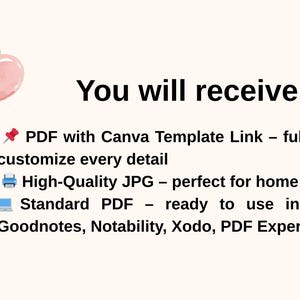 May include: A digital product image with text that reads "You will receive:" followed by a list of file types: PDF with Canva Template Link, High-Quality JPG, and Standard PDF. The image also features watercolor balloons in yellow, green, and pink.
