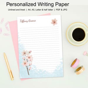 Regalo de autocuidado para ella, juego de papel floral personalizado, papelería con membrete personalizado, regalo imprimible con un toque de atención, toma de notas digital