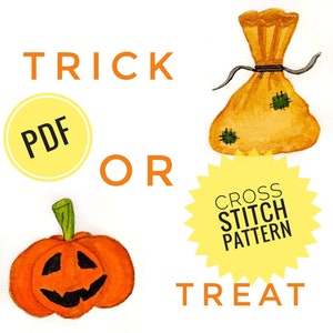 Halloween cross stitch pattern, trick or treat cross stitch chart, small cross stitch pattern halloween xstitch halloween embroidery designs