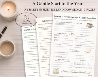 5-Minute Monthly Reflection set, Mindful Journal Prompts (January–March), Gentle Year Beginnings
