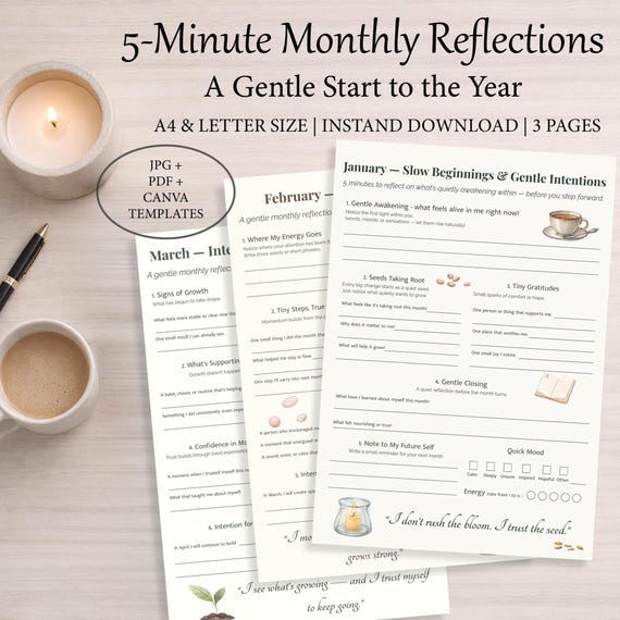 5-Minute Monthly Reflection set, Mindful Journal Prompts (January–March), Gentle Year Beginnings