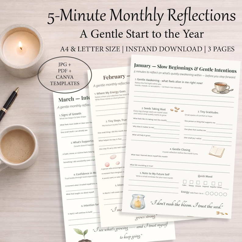 May include: A stack of printable monthly reflection pages with prompts for self-reflection. The pages are accompanied by a lit candle, a cup of coffee, and a pen. The text includes "5-Minute Monthly Reflections" and "A Gentle Start to the Year."