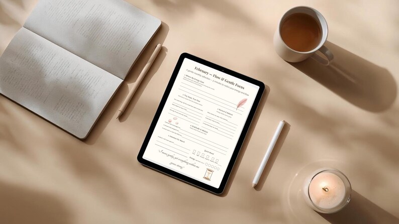 May include: A digital tablet displaying a "February - Flow & Gentle Focus" form, with a notebook, pen, cup of tea, and a lit candle. The scene is set on a beige surface, with soft shadows.