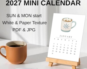 2027 Mini Calendar Printable, A6 vertical desk calendar PDF JPG, Cute Watercolor Monthly Art