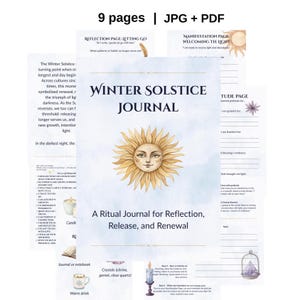 Puede incluir: Un diario del solsticio de invierno con una ilustración de sol en la portada. El diario es un diario ritual para la reflexión, la liberación y la renovación. Incluye páginas para la reflexión, la manifestación y la gratitud.