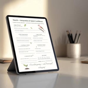 May include: A digital tablet displaying a worksheet titled "March - Integration & Quiet Confidence." The worksheet includes prompts for reflection, a bird illustration, and the text "I see what's growing - and I trust myself to keep going."