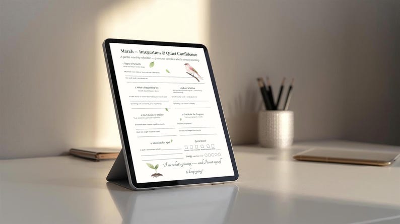 May include: A digital tablet displaying a worksheet titled "March - Integration & Quiet Confidence." The worksheet includes prompts for reflection, a bird illustration, and the text "I see what's growing - and I trust myself to keep going."