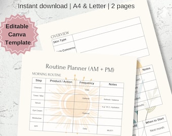 May include: A printable skincare routine planner with a yellow sun graphic. The planner includes sections for morning and evening routines, with columns for step, product/action, frequency, and notes. The text "Routine Planner (AM + PM)" is at the top of the page.