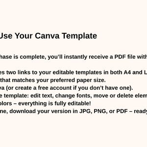 May include: A cream-colored graphic with the text "How to Use Your Canva Template." Instructions include downloading a PDF with template links, logging into Canva, customizing the template, and downloading in JPG, PNG, or PDF formats.