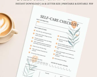 Self Care Checklist: Daily Wellness Habit Tracker (Canva Template Digital Download)