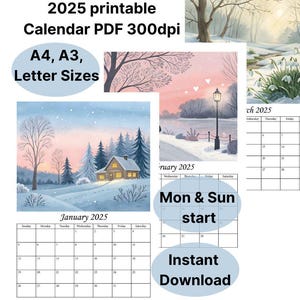 Calendario annuale da parete stampabile 2025 con illustrazioni stagionali, calendario da parete annuale completo, formati A4 A3 e Letter, calendario annuale ad acquerello