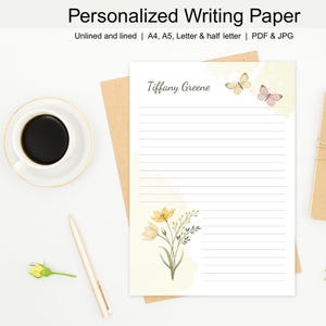Papel de carta com monograma personalizado, presente de autocuidado para ela, conjunto de escrita digital floral, papelaria personalizada para diário e cartas, anotações
