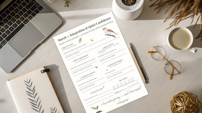 May include: A workspace scene featuring a laptop, notebook, and a printed worksheet titled "March - Integration & Quiet Confidence." The worksheet has prompts for reflection, a bird illustration, and the quote "I see what's growing - and I trust myself to keep going."