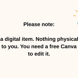 May include: Cream-colored background with text that reads "Please note: This is a digital item. Nothing physical will be shipped to you. You need a free Canva account to edit it." A lightbulb graphic is in the upper right corner.