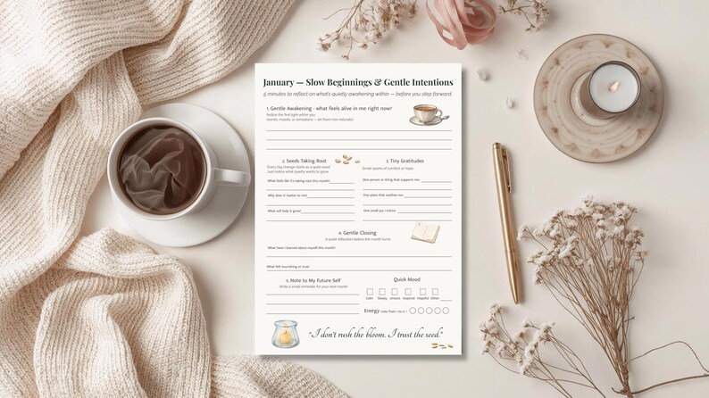 May include: A journal page titled "January - Slow Beginnings & Gentle Intentions" with prompts for reflection. A cup of coffee, a pen, and a candle are arranged around the journal. The journal has a quote at the bottom.