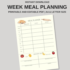 Weekly Meal Planner & Grocery List: Editable Kitchen Organizer (Digital Download, PDF/JPG/Canva Template Links)