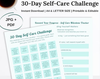 30-Day Self-Care Challenge Kit: Daily Prompts, Trackers (Canva Template, PDF, JPG Download)