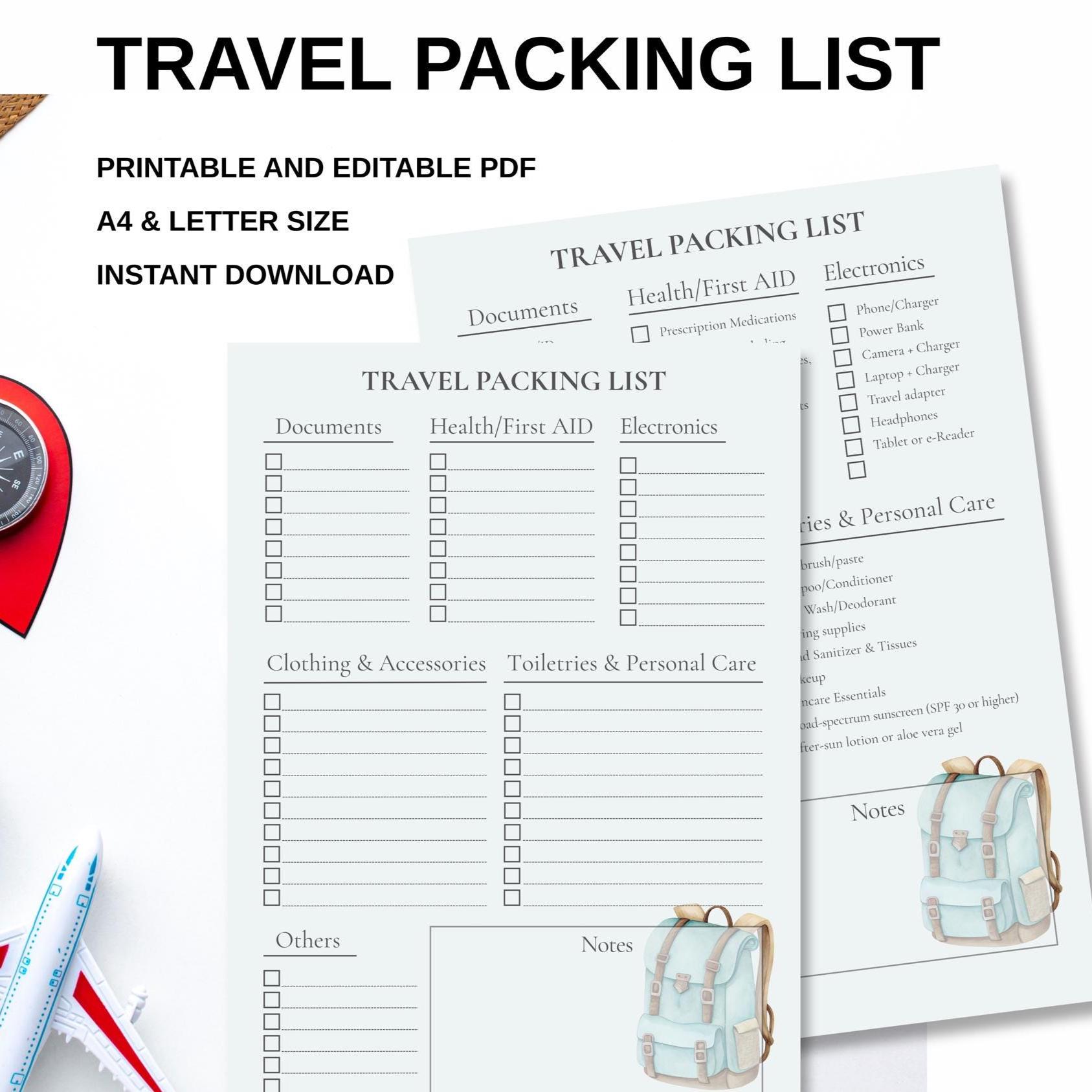 Editable Travel Packing List: Vacation Planner & Luggage Checklist (Digital Download, PDF/JPG/Canva Template Links)