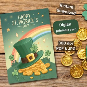 Tarjeta de trébol de cuatro hojas para una temporada de suerte, ambiente del día de San Patricio, letrero de San Patricio imprimible, letrero de duende, tarjeta doblada con el letrero de la suerte