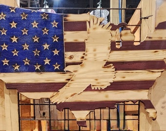 American flag, United States outline wooden flag with eagle