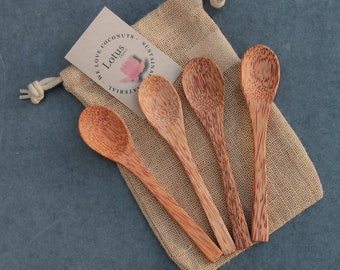 Coconut Wood Set of 4 Spoons Hessian Bag  /  Plastic Free Gift / Outdoor dining / picnic / Vegan / Zero Waste / Eco friendly