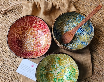 Coconut Bowl Gift Set x 3 Cracked Eggshell Pattern Bowls, Coco Wood Spoon packaged in a Hessian Gift Bag / Plastic free gift / Nibble Bowls