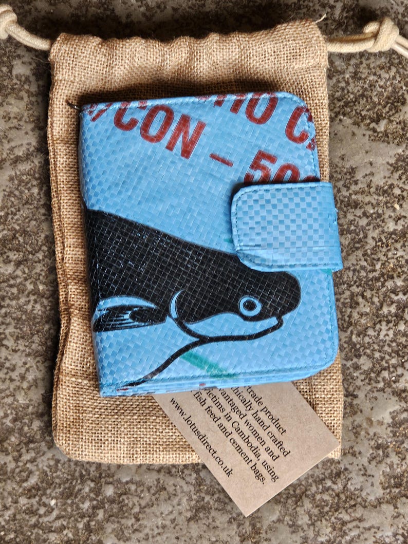 Recycled Fish Feed Bag Purse: Fair Trade Women Artisans, Cambodia Blue Fish Purse