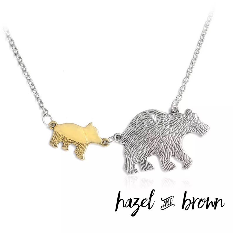 1 cub plain mother bear and one cub initial necklace mother necklace mama bear baby bear Ready to ship