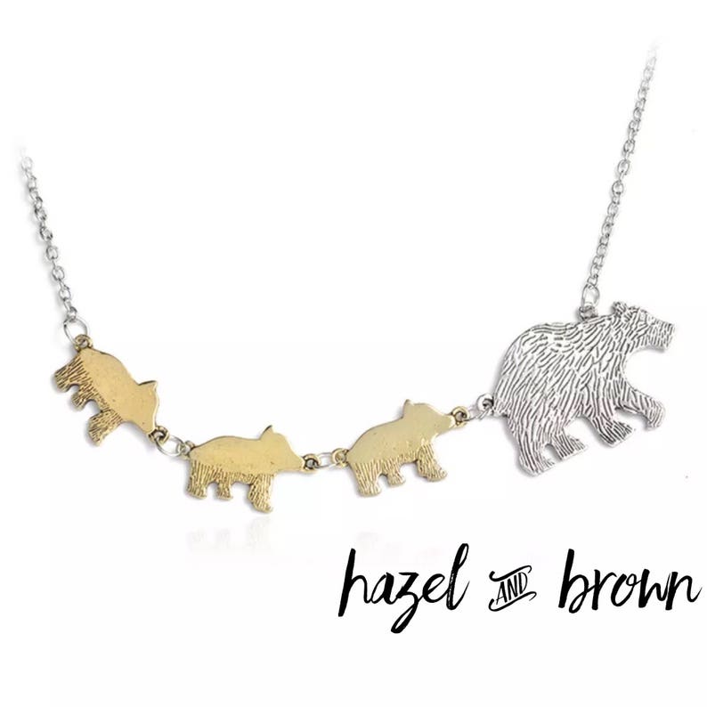 mother necklace mama bear baby bear 3 cubs plain mother bear and three cubs initial necklace Ready to ship