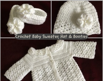 CROCHET BABY SWEATER Hat & Booties Set White Baby Girl Sweater Infant Outfit Handmade Baby Homecoming Keepsake Heirloom